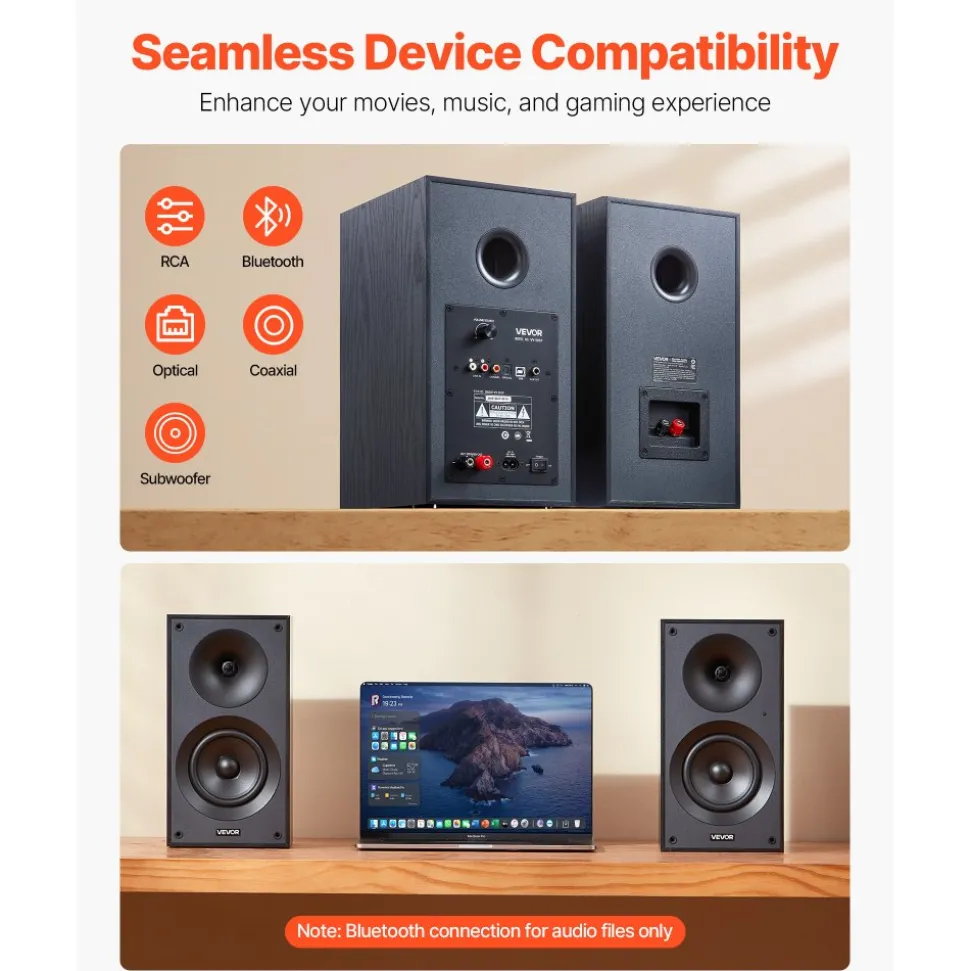 VEVOR Powered Bookshelf Speakers, 25W x 2, Active Studio Monitor Speaker with 5.25 Inch Woofer, Bluetooth/RCA/Coaxial/Optical/USB/Subwoofer Connection, Wooden Enclosure, for Record Player Turntable PC