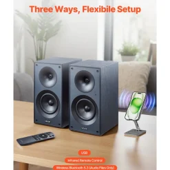 VEVOR Powered Bookshelf Speakers, 25W x 2, Active Studio Monitor Speaker with 5.25 Inch Woofer, Bluetooth/RCA/Coaxial/Optical/USB/Subwoofer Connection, Wooden Enclosure, for Record Player Turntable PC