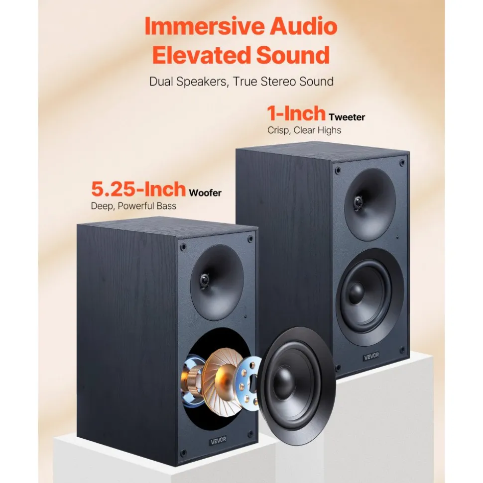 VEVOR Powered Bookshelf Speakers, 25W x 2, Active Studio Monitor Speaker with 5.25 Inch Woofer, Bluetooth/RCA/Coaxial/Optical/USB/Subwoofer Connection, Wooden Enclosure, for Record Player Turntable PC