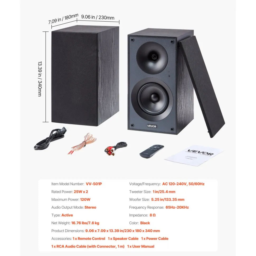 VEVOR Powered Bookshelf Speakers, 25W x 2, Active Studio Monitor Speaker with 5.25 Inch Woofer, Bluetooth/RCA/Coaxial/Optical/USB/Subwoofer Connection, Wooden Enclosure, for Record Player Turntable PC