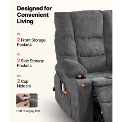 VEVOR Power Lift Recliner Chair, Large Electric Lift Chair with Heat and Massage for Elderly, Infinite Position Adjustment, Chenille Fabric, with Side Pockets, Cup Holders and USB Port, Dark Gray