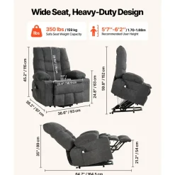 VEVOR Power Lift Recliner Chair, Large Electric Lift Chair with Heat and Massage for Elderly, Infinite Position Adjustment, Chenille Fabric, with Side Pockets, Cup Holders and USB Port, Dark Gray