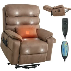 VEVOR Power Lift Recliner Chair, Dual Motor, Medium Wide Electric Lift Chair with Heat and Massage for Elderly, Infinite Position Adjustment, Leather Surface, with Storage Pocket, Cup Holder, Brown