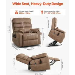 VEVOR Power Lift Recliner Chair, Dual Motor, Medium Wide Electric Lift Chair with Heat and Massage for Elderly, Infinite Position Adjustment, Leather Surface, with Storage Pocket, Cup Holder, Brown