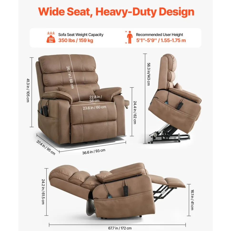 VEVOR Power Lift Recliner Chair, Dual Motor, Medium Wide Electric Lift Chair with Heat and Massage for Elderly, Infinite Position Adjustment, Leather Surface, with Storage Pocket, Cup Holder, Brown