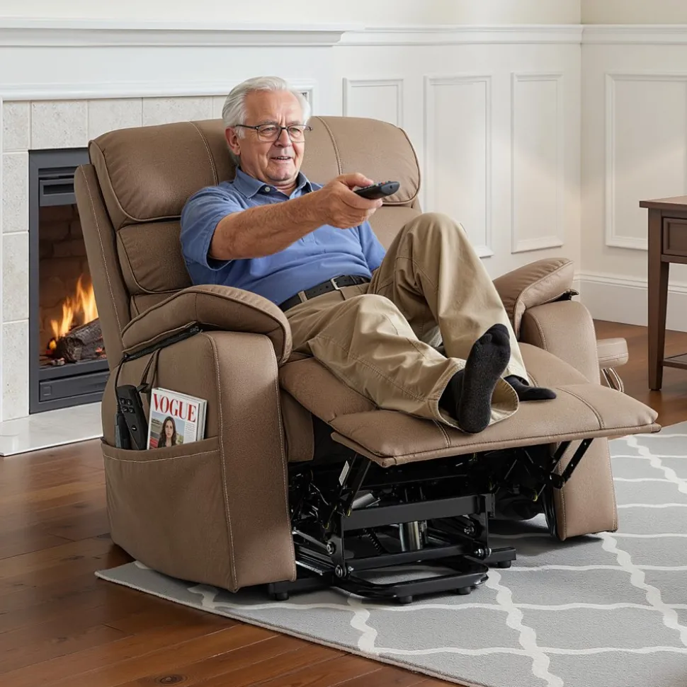 VEVOR Power Lift Recliner Chair, Dual Motor, Medium Wide Electric Lift Chair with Heat and Massage for Elderly, Infinite Position Adjustment, Leather Surface, with Storage Pocket, Cup Holder, Brown