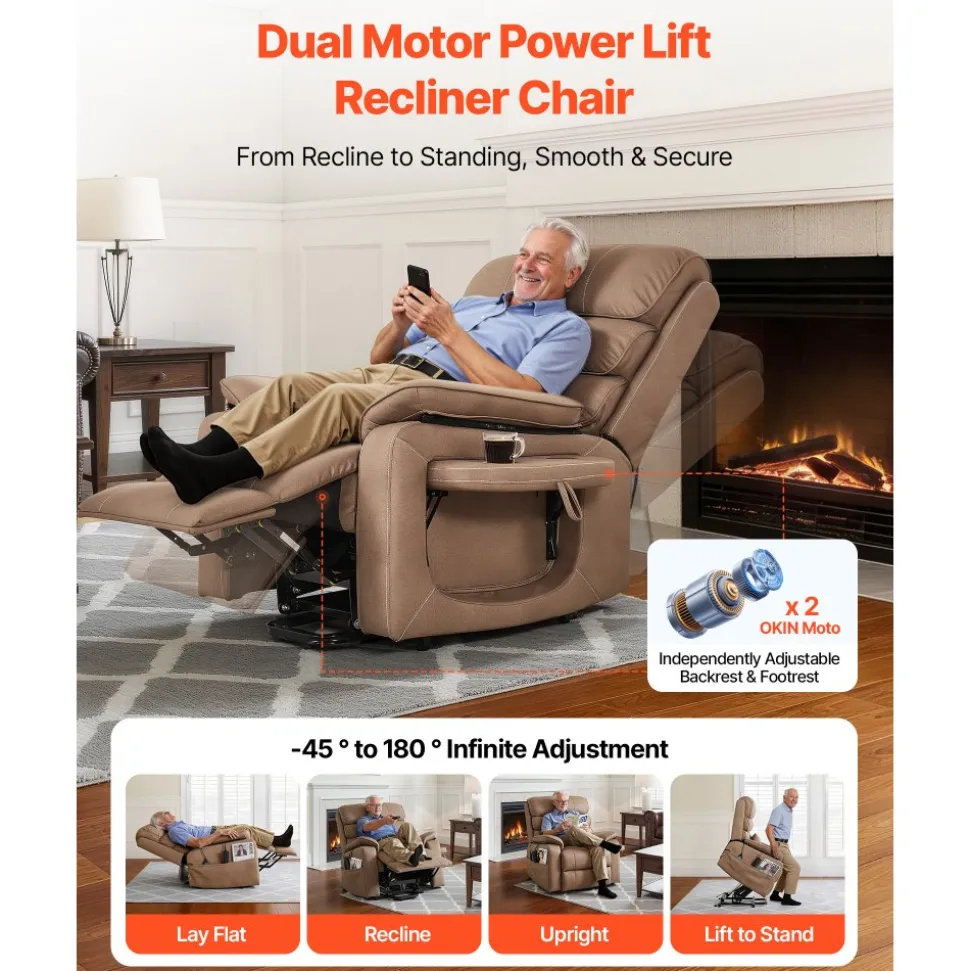 VEVOR Power Lift Recliner Chair, Dual Motor, Medium Wide Electric Lift Chair with Heat and Massage for Elderly, Infinite Position Adjustment, Leather Surface, with Storage Pocket, Cup Holder, Brown