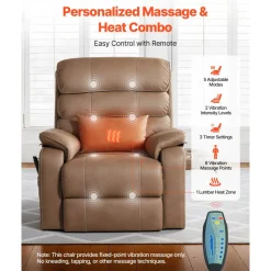 VEVOR Power Lift Recliner Chair, Dual Motor, Medium Wide Electric Lift Chair with Heat and Massage for Elderly, Infinite Position Adjustment, Leather Surface, with Storage Pocket, Cup Holder, Brown