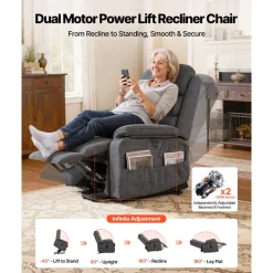 VEVOR Power Lift Recliner Chair, Dual Motor Medium Lift Chair with Heat and Massage for Elderly, Position Adjustable, Remote Control, with Side Pockets, Chenille Fabric, Dark Gray