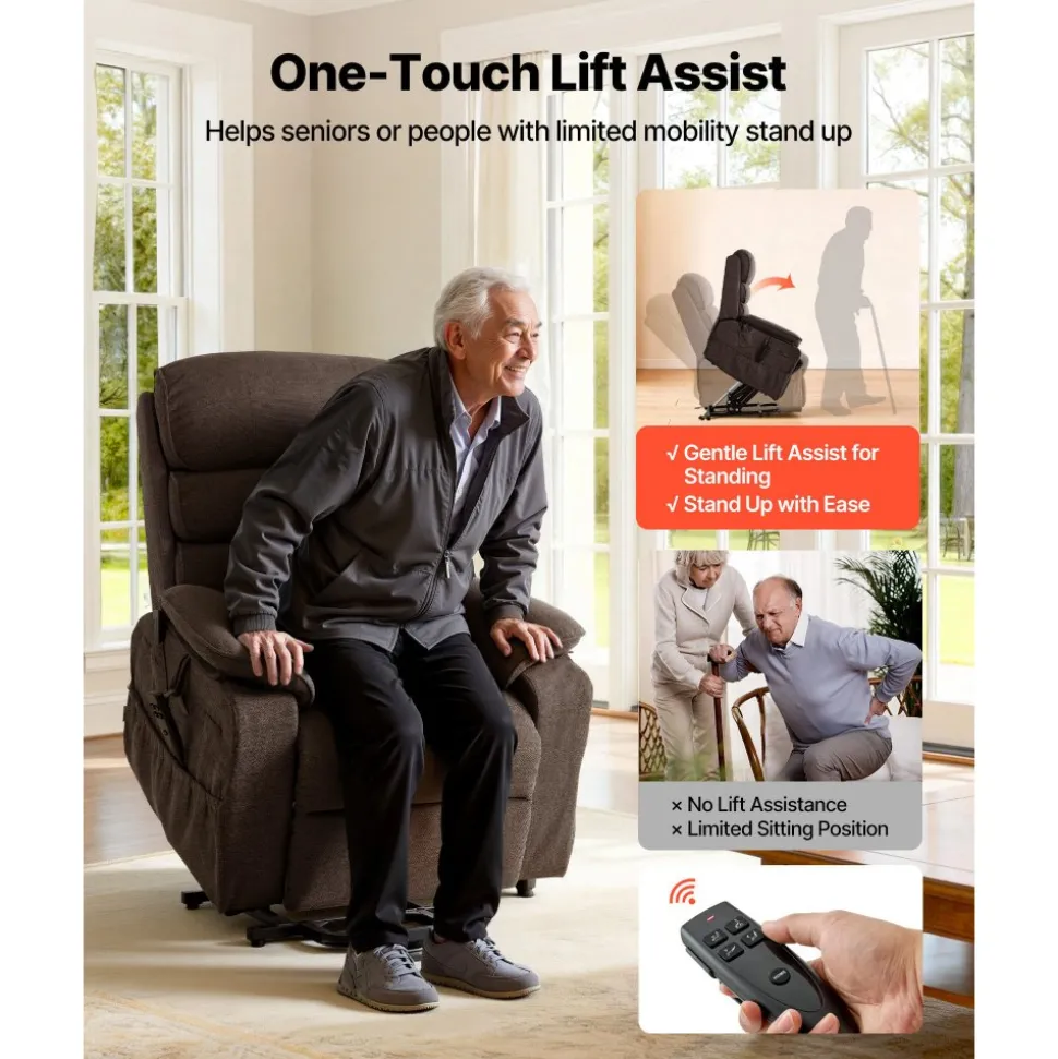 VEVOR Power Lift Recliner Chair, Dual Motor, Large Electric Lift Chair with Heat and Massage for Elderly, Infinite Position Adjustment, Velvet Fabric, with Side and Front Pockets, Cup Holders, Brown