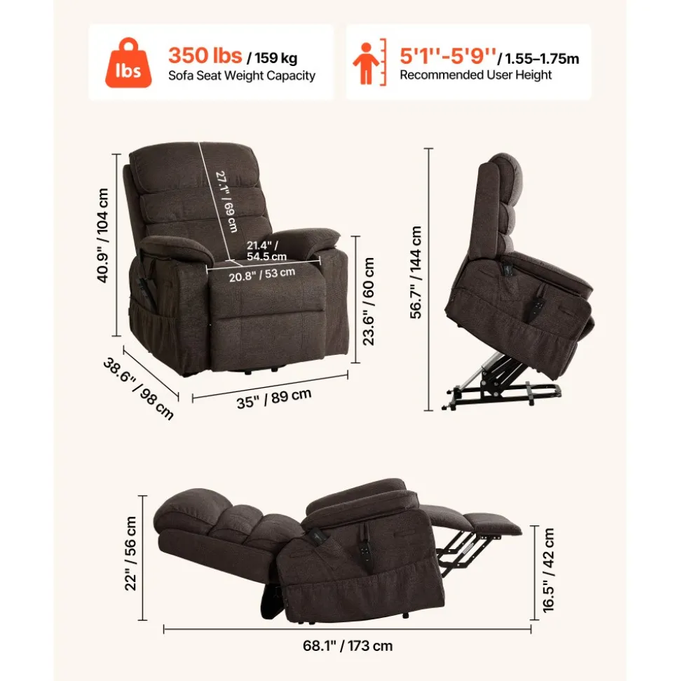 VEVOR Power Lift Recliner Chair, Dual Motor, Large Electric Lift Chair with Heat and Massage for Elderly, Infinite Position Adjustment, Velvet Fabric, with Side and Front Pockets, Cup Holders, Brown