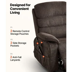 VEVOR Power Lift Recliner Chair, Dual Motor, Large Electric Lift Chair with Heat and Massage for Elderly, Infinite Position Adjustment, Velvet Fabric, with Side and Front Pockets, Cup Holders, Brown