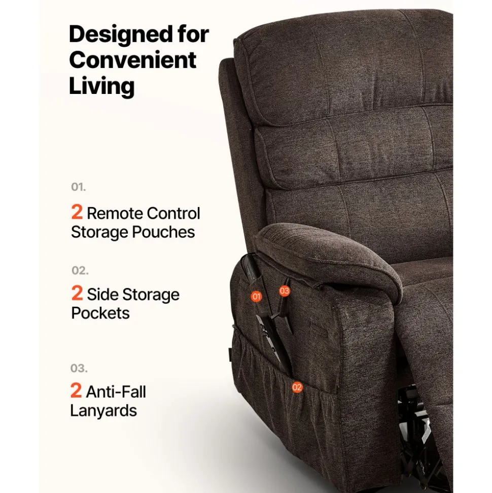 VEVOR Power Lift Recliner Chair, Dual Motor, Large Electric Lift Chair with Heat and Massage for Elderly, Infinite Position Adjustment, Velvet Fabric, with Side and Front Pockets, Cup Holders, Brown