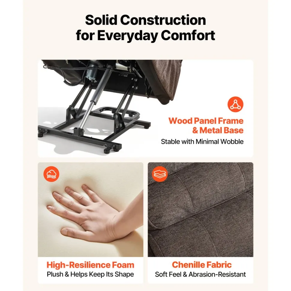 VEVOR Power Lift Recliner Chair, Dual Motor, Large Electric Lift Chair with Heat and Massage for Elderly, Infinite Position Adjustment, Velvet Fabric, with Side and Front Pockets, Cup Holders, Brown