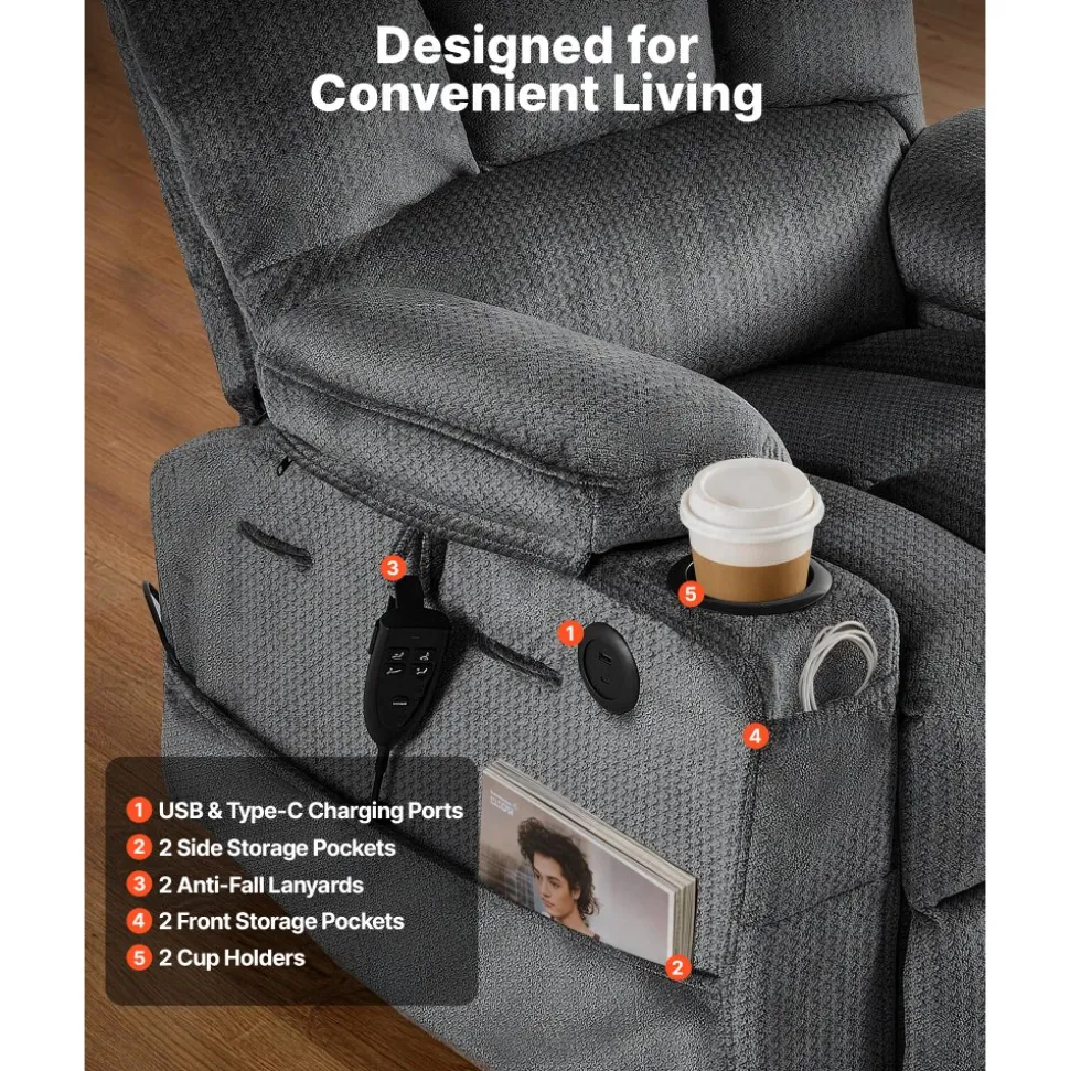 VEVOR Power Lift Recliner Chair, Triple-Motor, Large Electric Lift Chair with Heat and Massage for Elderly, Infinite Position Adjustment, Leather Surface, with Storage Pockets and Cup Holders, Brown