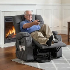 VEVOR Power Lift Recliner Chair, Triple-Motor, Large Electric Lift Chair with Heat and Massage for Elderly, Infinite Position Adjustment, Leather Surface, with Storage Pockets and Cup Holders, Brown