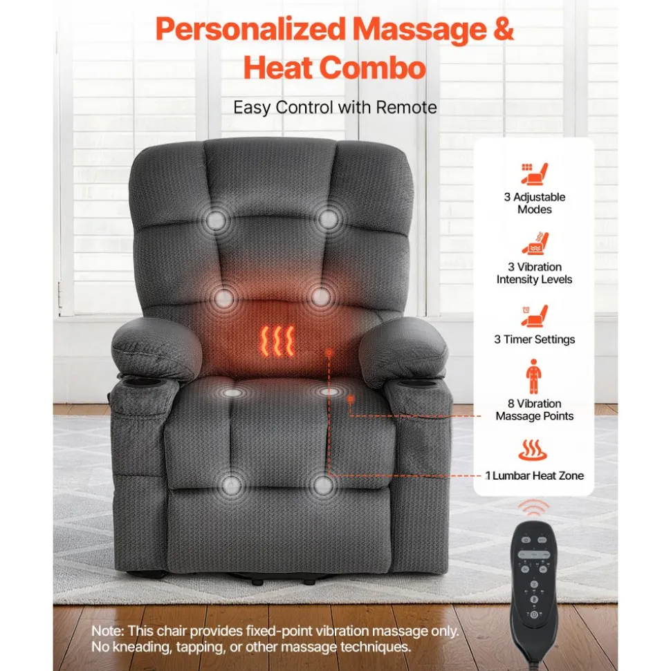 VEVOR Power Lift Recliner Chair, Triple-Motor, Large Electric Lift Chair with Heat and Massage for Elderly, Infinite Position Adjustment, Leather Surface, with Storage Pockets and Cup Holders, Brown