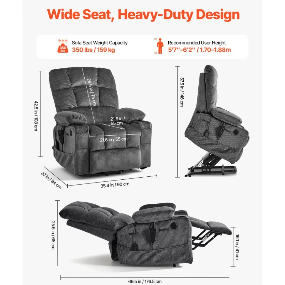 VEVOR Power Lift Recliner Chair, Triple-Motor, Large Electric Lift Chair with Heat and Massage for Elderly, Infinite Position Adjustment, Leather Surface, with Storage Pockets and Cup Holders, Brown