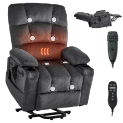 VEVOR Power Lift Recliner Chair, Triple-Motor, Large Electric Lift Chair with Heat and Massage for Elderly, Infinite Position Adjustment, Leather Surface, with Storage Pockets and Cup Holders, Brown
