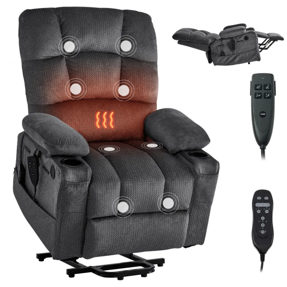 VEVOR Power Lift Recliner Chair, Triple-Motor, Large Electric Lift Chair with Heat and Massage for Elderly, Infinite Position Adjustment, Leather Surface, with Storage Pockets and Cup Holders, Brown