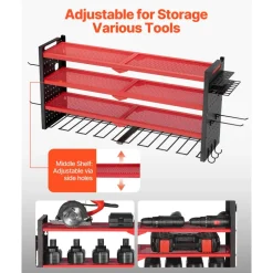 VEVOR Power Tool Organizer Wall Mount, 3-Layer Storage Rack with 4 Drill Holders, Tools Holder and Storage Rack with Side Pegboards, Garage Tool Organizer for Garage, Workbench, and Workshop
