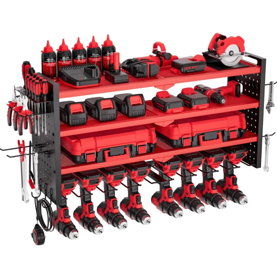 VEVOR Power Tool Organizer Wall Mount, 3-Layer Storage Rack with 4 Drill Holders, Tools Holder and Storage Rack with Side Pegboards, Garage Tool Organizer for Garage, Workbench, and Workshop