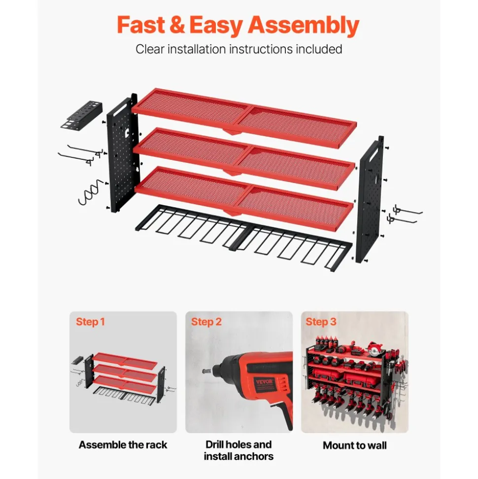 VEVOR Power Tool Organizer Wall Mount, 3-Layer Storage Rack with 4 Drill Holders, Tools Holder and Storage Rack with Side Pegboards, Garage Tool Organizer for Garage, Workbench, and Workshop