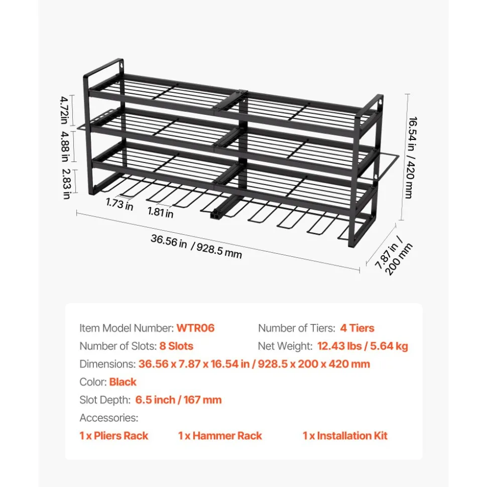 VEVOR Power Tool Organizer Wall Mount, 4-Layer Storage Rack with 8 Drill Holders, Tools Holder and Storage Rack with Screwdriver Holder, Garage Tool Organizer for Garage, Workbench, and Workshop