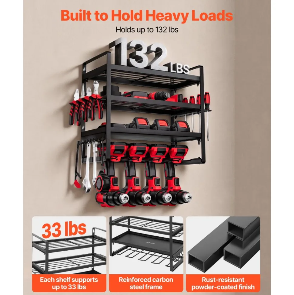 VEVOR Power Tool Organizer Wall Mount, 4-Layer Storage Rack with 4 Drill Holders, Tools Holder and Storage Rack with Screwdriver Holder, Garage Tool Organizer for Garage, Workbench, and Workshop