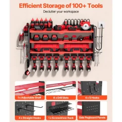 VEVOR Power Tool Organizer with Charging Station, 4-Layer Drill Storage Rack with 8 Drill Holders & Side Pegboard, Garage Tool Organizer Built in 8 Outlet Power Strips for Garage, Workbench, Workshop