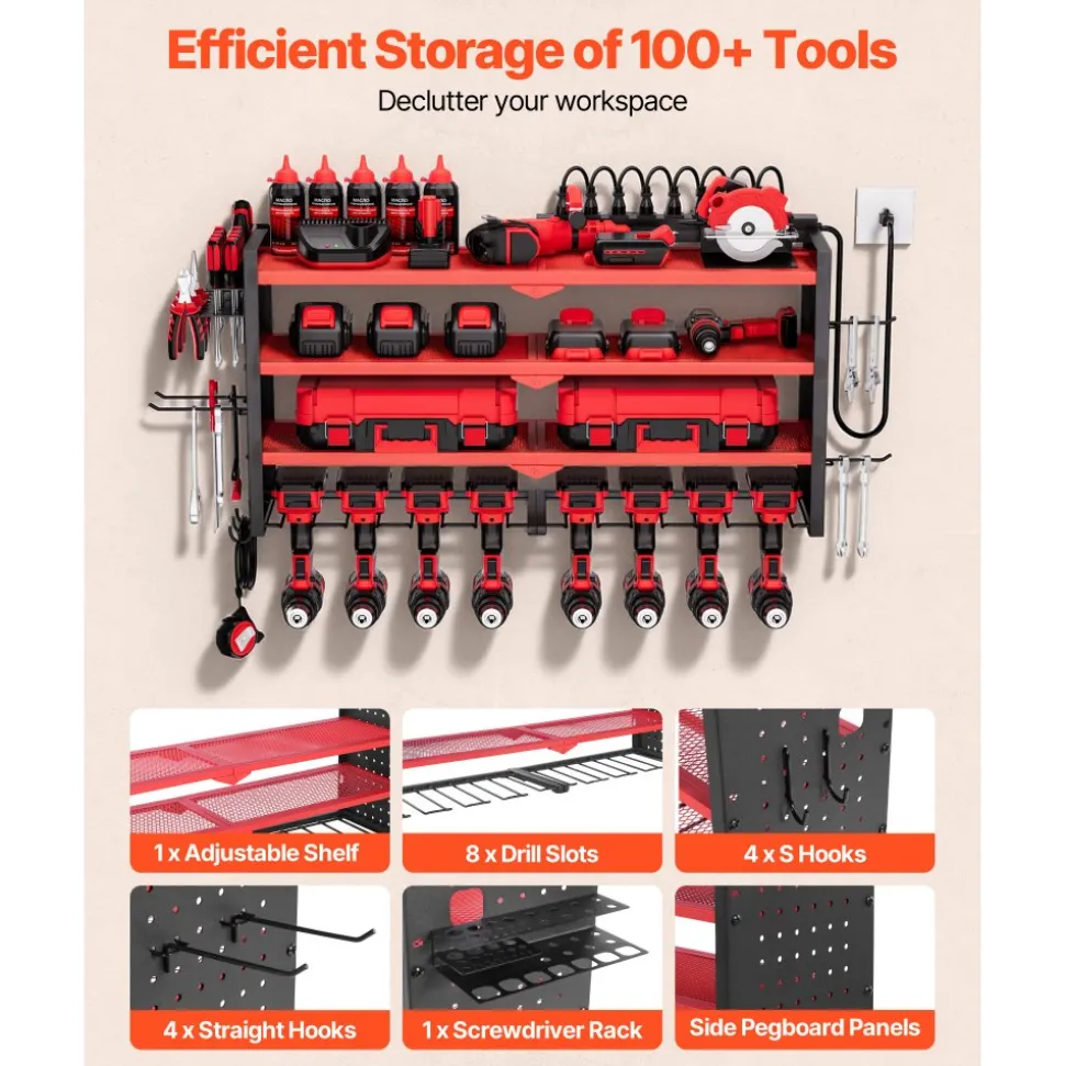 VEVOR Power Tool Organizer with Charging Station, 4-Layer Drill Storage Rack with 8 Drill Holders & Side Pegboard, Garage Tool Organizer Built in 8 Outlet Power Strips for Garage, Workbench, Workshop
