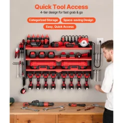 VEVOR Power Tool Organizer with Charging Station, 4-Layer Drill Storage Rack with 8 Drill Holders & Side Pegboard, Garage Tool Organizer Built in 8 Outlet Power Strips for Garage, Workbench, Workshop