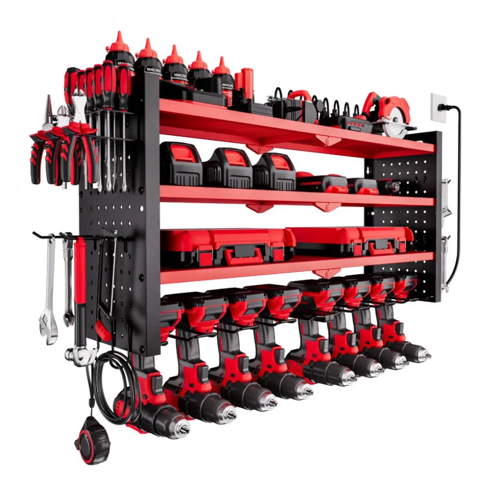 VEVOR Power Tool Organizer with Charging Station, 4-Layer Drill Storage Rack with 8 Drill Holders & Side Pegboard, Garage Tool Organizer Built in 8 Outlet Power Strips for Garage, Workbench, Workshop