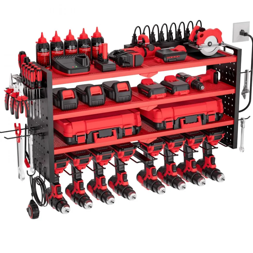 VEVOR Power Tool Organizer with Charging Station, 4-Layer Drill Storage Rack with 8 Drill Holders & Side Pegboard, Garage Tool Organizer Built in 8 Outlet Power Strips for Garage, Workbench, Workshop
