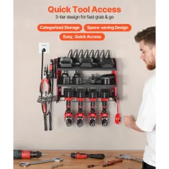 VEVOR Power Tool Organizer with Charging Station, 3-Layer Drill Storage Rack with 4 Drill Holders & Side Pegboard, Garage Tool Organizer Built in 8 Outlet Power Strips for Garage, Workbench, Workshop