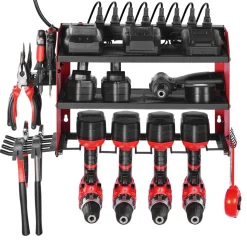 VEVOR Power Tool Organizer with Charging Station, 3-Layer Drill Storage Rack with 4 Drill Holders & Side Pegboard, Garage Tool Organizer Built in 8 Outlet Power Strips for Garage, Workbench, Workshop