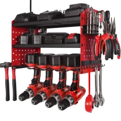VEVOR Power Tool Organizer with Charging Station, 3-Layer Drill Storage Rack with 4 Drill Holders & Side Pegboard, Garage Tool Organizer Built in 8 Outlet Power Strips for Garage, Workbench, Workshop