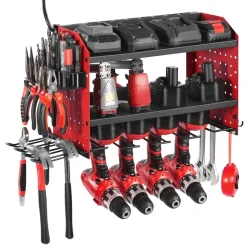 VEVOR Power Tool Organizer with Charging Station, 3-Layer Drill Storage Rack with 4 Drill Holders & Side Pegboard, Garage Tool Organizer Built in 8 Outlet Power Strips for Garage, Workbench, Workshop