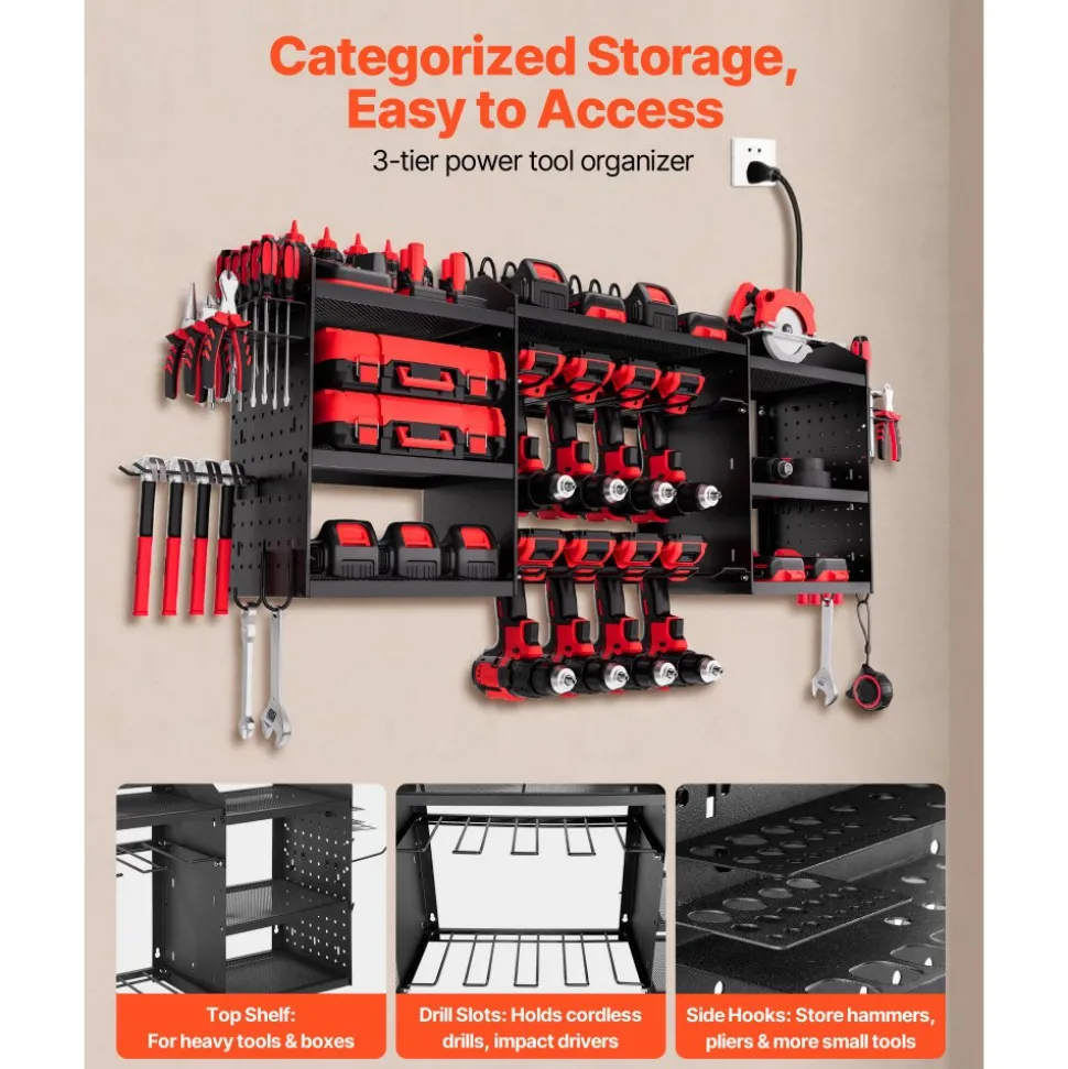 VEVOR Power Tool Organizer with Charging Station, 3-Layer Power Tool Battery Storage Rack with 5.58 ft Power Strip, 8 Drill Holders & 8 Outlets, Garage Tool Organizer for Garage, Workbench, Workshop