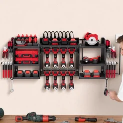 VEVOR Power Tool Organizer with Charging Station, 3-Layer Power Tool Battery Storage Rack with 5.58 ft Power Strip, 8 Drill Holders & 8 Outlets, Garage Tool Organizer for Garage, Workbench, Workshop