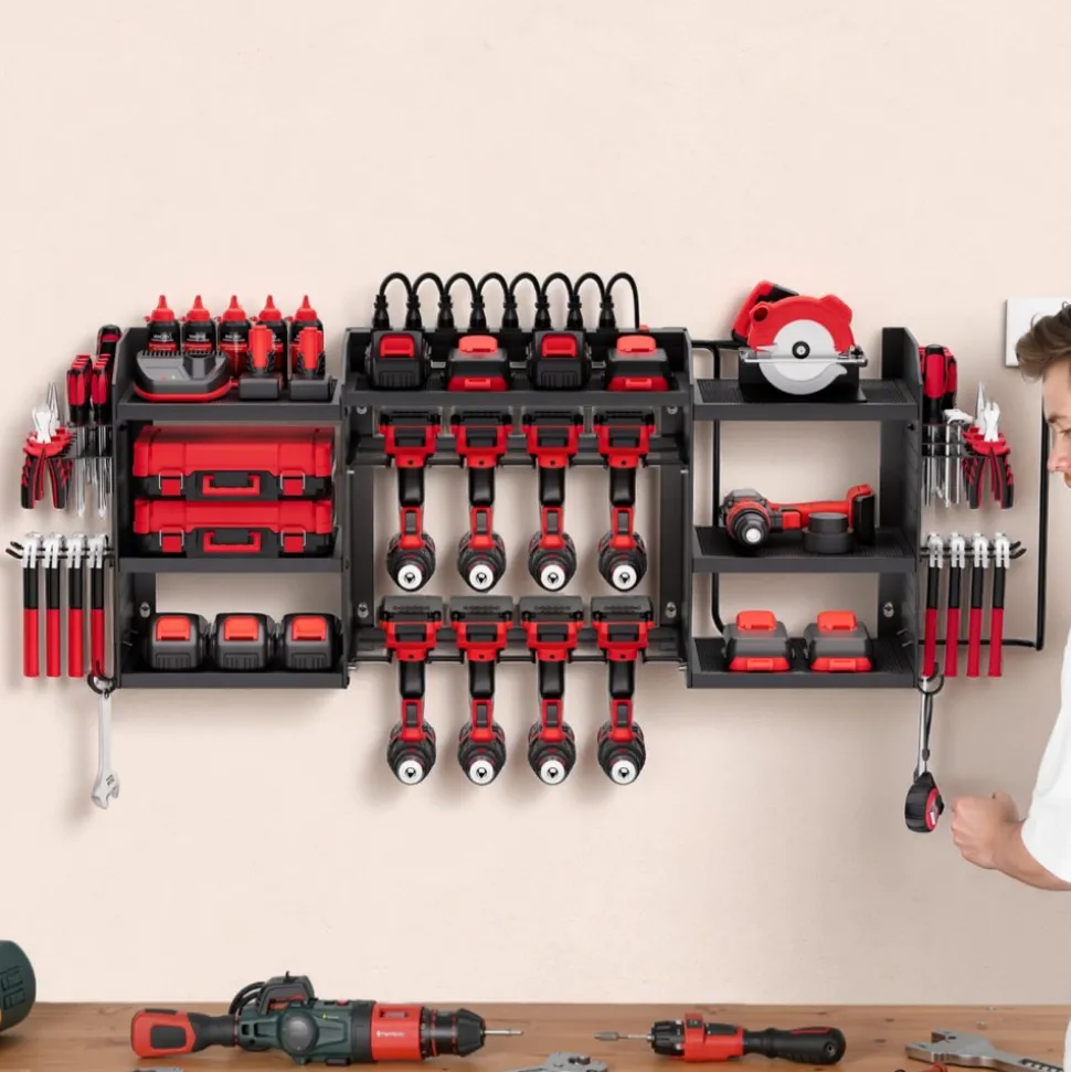 VEVOR Power Tool Organizer with Charging Station, 3-Layer Power Tool Battery Storage Rack with 5.58 ft Power Strip, 8 Drill Holders & 8 Outlets, Garage Tool Organizer for Garage, Workbench, Workshop