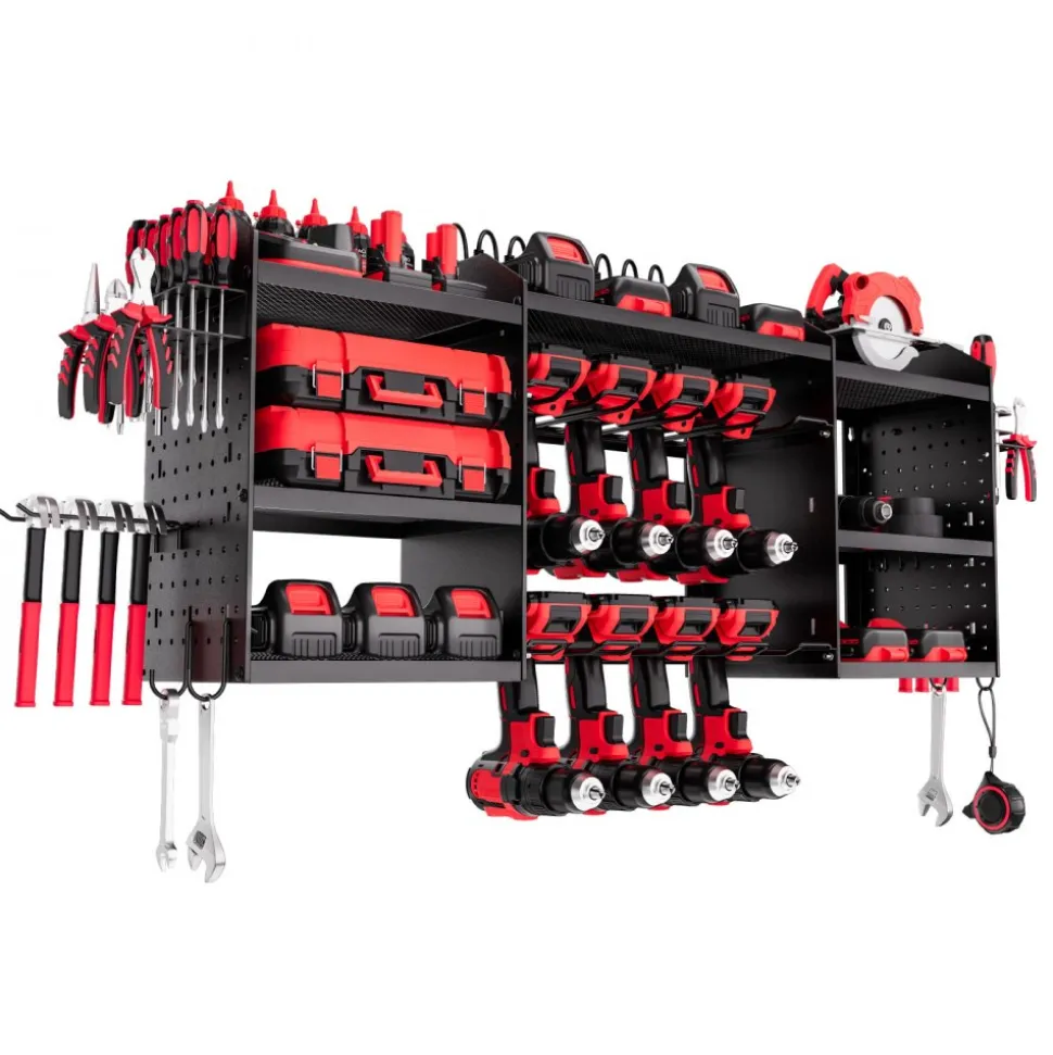 VEVOR Power Tool Organizer with Charging Station, 3-Layer Power Tool Battery Storage Rack with 5.58 ft Power Strip, 8 Drill Holders & 8 Outlets, Garage Tool Organizer for Garage, Workbench, Workshop