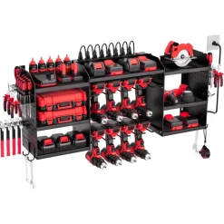 VEVOR Power Tool Organizer with Charging Station, 3-Layer Power Tool Battery Storage Rack with 5.58 ft Power Strip, 8 Drill Holders & 8 Outlets, Garage Tool Organizer for Garage, Workbench, Workshop