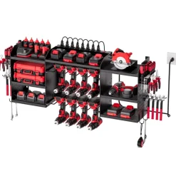 VEVOR Power Tool Organizer with Charging Station, 3-Layer Power Tool Battery Storage Rack with 5.58 ft Power Strip, 8 Drill Holders & 8 Outlets, Garage Tool Organizer for Garage, Workbench, Workshop