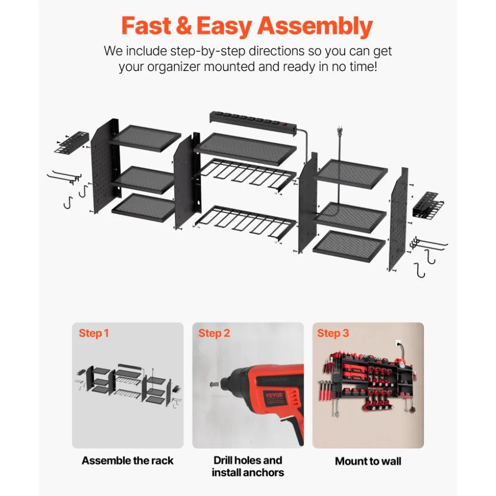 VEVOR Power Tool Organizer with Charging Station, 3-Layer Power Tool Battery Storage Rack with 5.58 ft Power Strip, 8 Drill Holders & 8 Outlets, Garage Tool Organizer for Garage, Workbench, Workshop