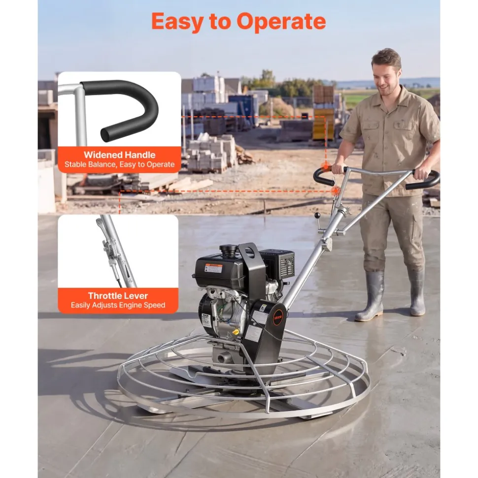 VEVOR Power Trowel, 46 inch Concrete Finishing Machine with Float Pan, 9.5HP Kohler Engine, 4 Blades, Adjustable Pitch, Gas-Powered Walk-Behind Cement Surface Finisher for Smooth Floors, Construction