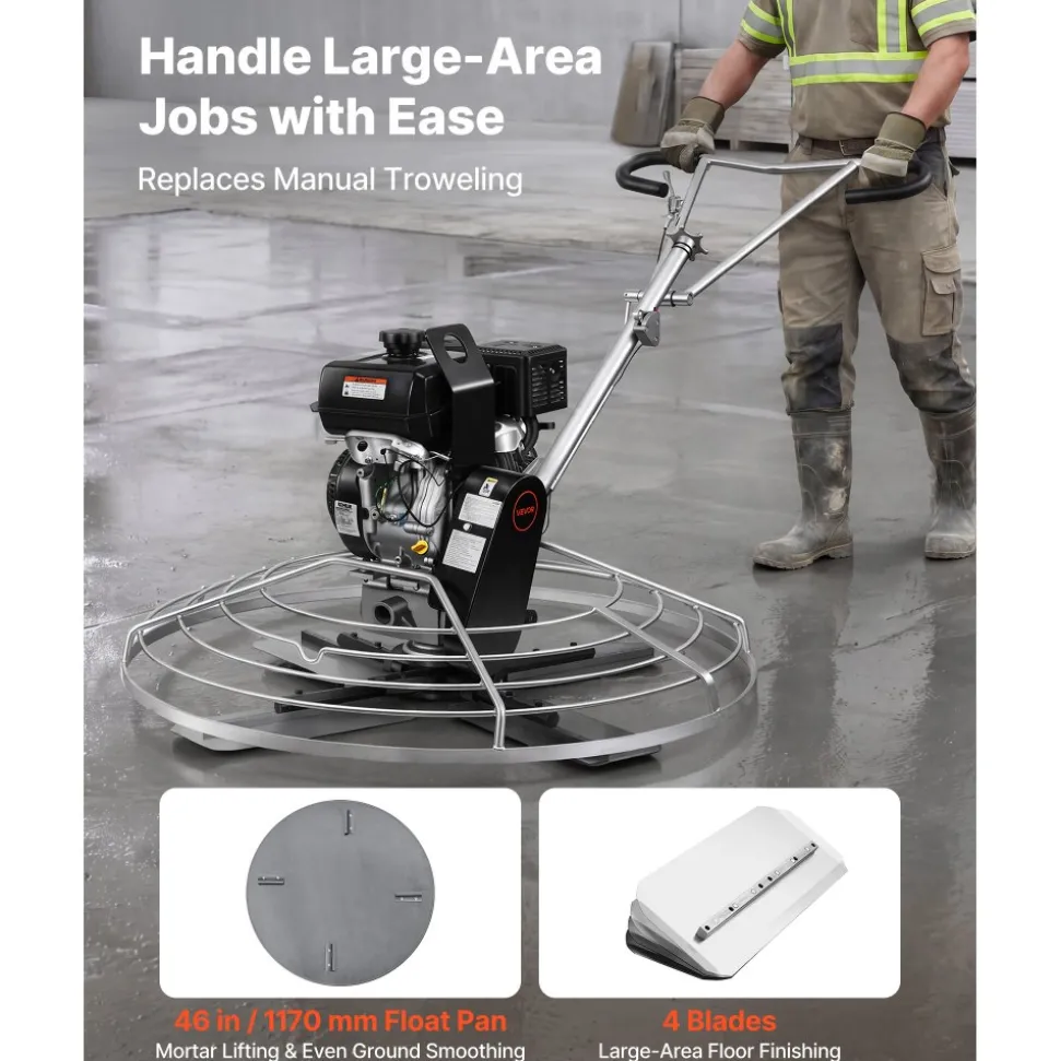 VEVOR Power Trowel, 46 inch Concrete Finishing Machine with Float Pan, 9.5HP Kohler Engine, 4 Blades, Adjustable Pitch, Gas-Powered Walk-Behind Cement Surface Finisher for Smooth Floors, Construction
