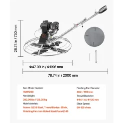 VEVOR Power Trowel, 46 inch Concrete Finishing Machine with Float Pan, 9.5HP Kohler Engine, 4 Blades, Adjustable Pitch, Gas-Powered Walk-Behind Cement Surface Finisher for Smooth Floors, Construction