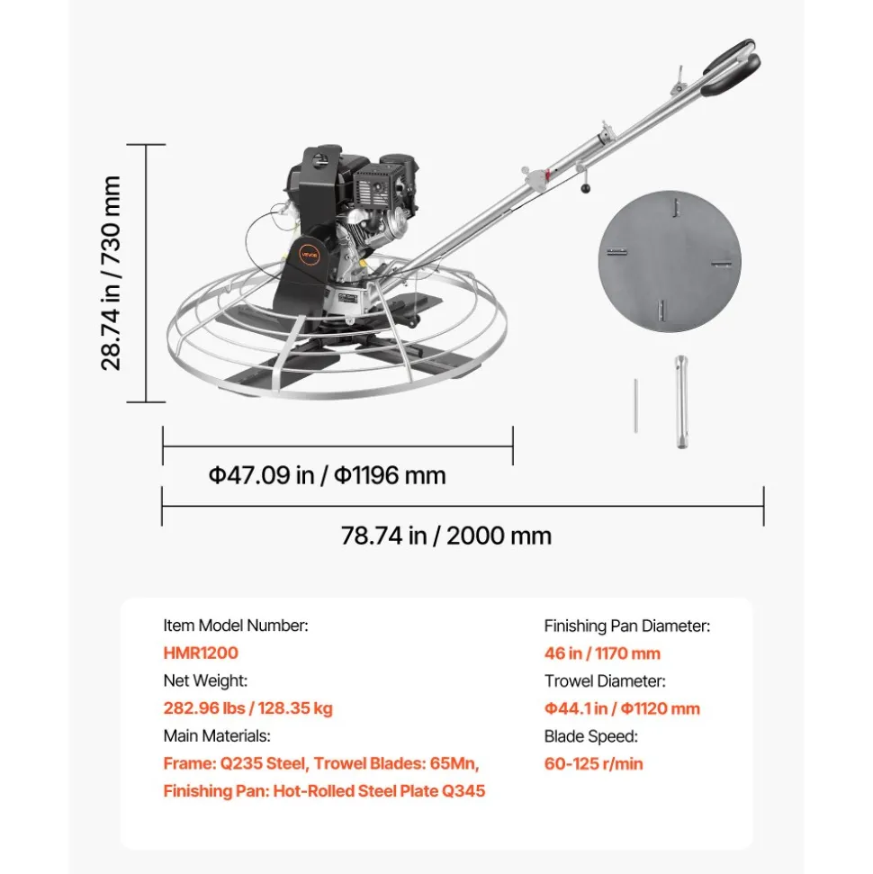 VEVOR Power Trowel, 46 inch Concrete Finishing Machine with Float Pan, 9.5HP Kohler Engine, 4 Blades, Adjustable Pitch, Gas-Powered Walk-Behind Cement Surface Finisher for Smooth Floors, Construction