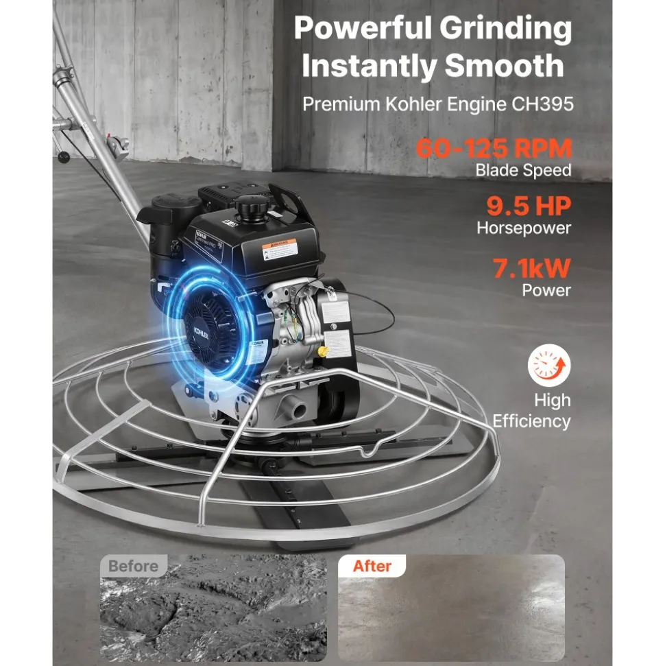 VEVOR Power Trowel, 46 inch Concrete Finishing Machine with Float Pan, 9.5HP Kohler Engine, 4 Blades, Adjustable Pitch, Gas-Powered Walk-Behind Cement Surface Finisher for Smooth Floors, Construction